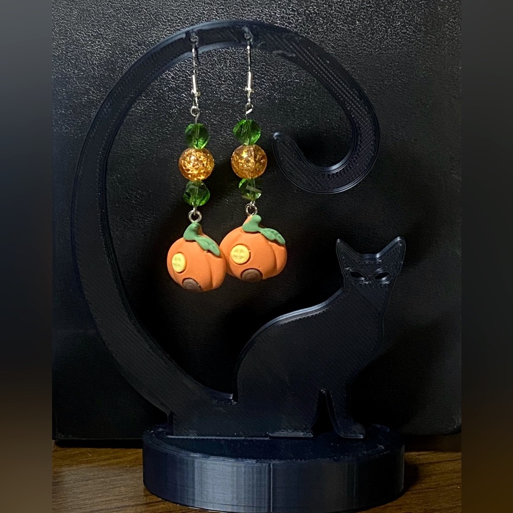 Hand Crafted Pumpkin Earrings W/ Faceted Green & Orange Beads